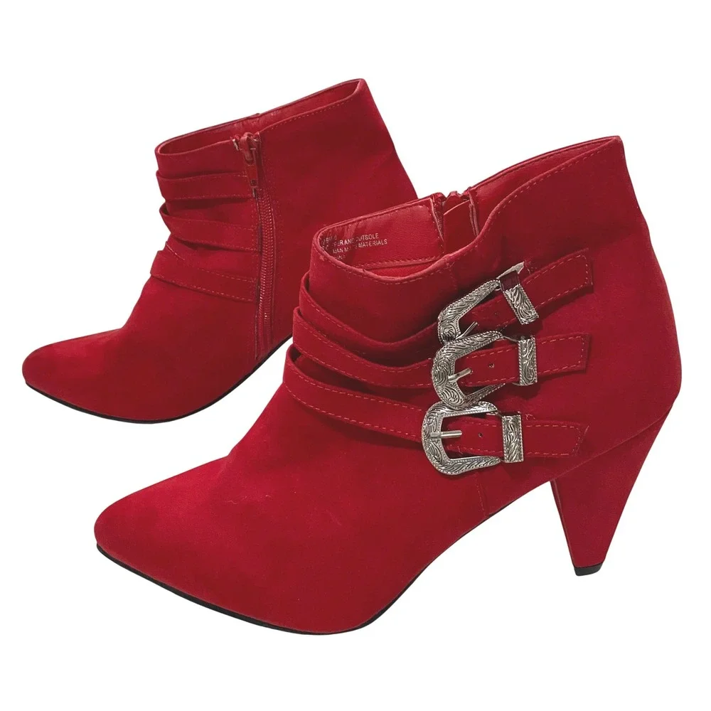 Red Faux Suede Western Ankle Boots Womens Size 10 Cowgirl Rodeo Boho Bootie Bold